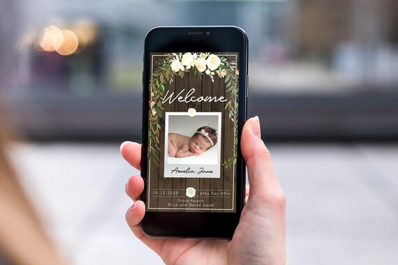 Rustic Cream Floral Electronic Photo Baby Announcement, Smartphone SMS Editable template, EcoFriendly, New Baby eCard, Wood Baby Birth Card