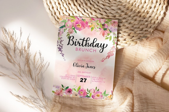 DIY Any Age Birthday Spring Bright Pink Floral Invitation Printable Template, Editable Flowers Brunch Lunch Tea Party Invite for Women