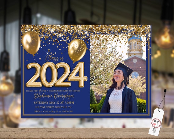 Class of 2024 Blue Gold Photo Graduation Invitation Printable Template Glitter Editable, Graduate Editable Invite, High School, College Grad