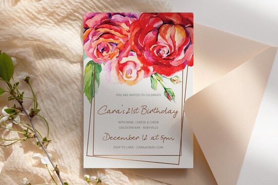 Big Pink Red Watercolor Flower Birthday Invitation Printable Template, Any Age Designer Rosegold Editable Invite Women Printable Floral Card