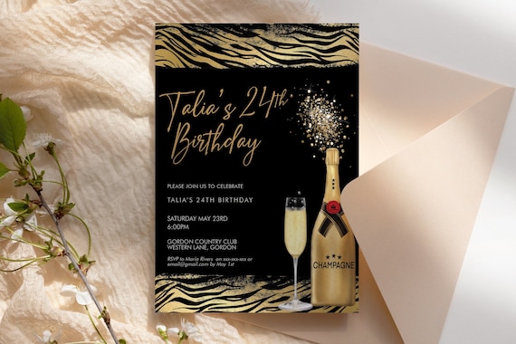 Gold Tiger Champagne Glitter Invitation Printable Template, Safari Wild Drinks Cocktails Editable Birthday Party Women, Gold Animal Print