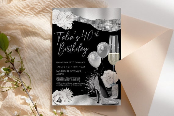 Silver Birthday Heels Balloons Invitation Printable Template, White Flowers Glitter Editable Party Invitation for Women, Printable Card