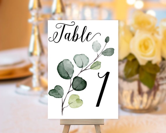 TRY Before You BUY! Eucalyptus Leaf Table Number, Greenery Wedding Sign, Botanical Wedding Table Number, Table Sign, Table Number Printable