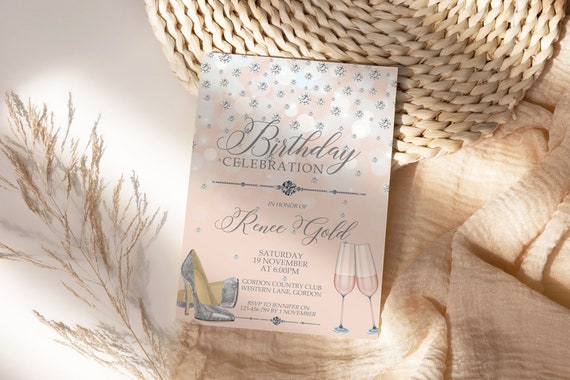 Blush Pink Diamond Champagne Birthday Invitation Printable Template, Silver Glitter Heels Shoes Editable Dinner Party Invite, Printable Card