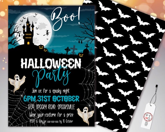 Haunted House Halloween Party Invitation, Ghost & Pumpkins (Printable Template)