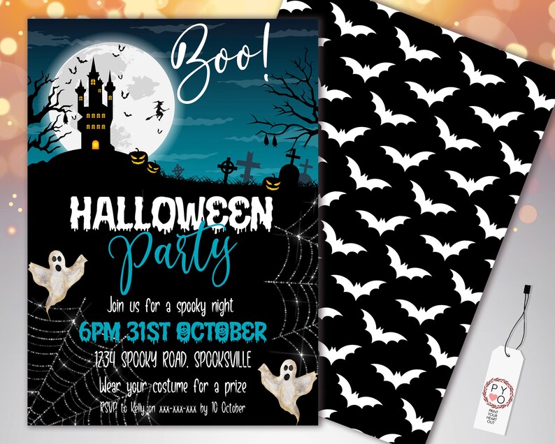 May include: Halloween party invitation with a spooky night theme. Features a full moon, haunted castle, and graveyard scene. Includes the text "Boo!" and party details: date, time, and location. A black and white bat pattern is on the back.