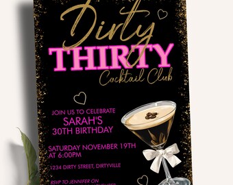 Dirty 30 Espresso Martini Birthday Invitation | Neon Pink and Gold Glitter | Cocktail Party Editable Template } Drinks Night Vibe |