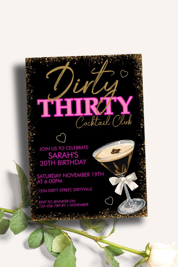 Dirty 30 Espresso Martini Birthday Invitation | Neon Pink and Gold Glitter | Editable Template