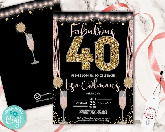 Pink Champagne 40 Birthday Invitation Printable Template, Sparkle Vertical Birthday Party Invitation Women, Printable gold lights Invite
