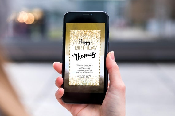 Gold Ombre Glitter Electronic Birthday, Smartphone SMS Digital Editable template, EcoFriendly, Electronic Black Gold eCard Birthday Greeting