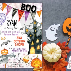 May include: A Halloween-themed invitation with watercolor illustrations. The invitation features a haunted house, pumpkins, bats, and the text "RYAN is turning four!" and "31st October 6:00PM". Decorative elements include a ghost, a pumpkin cutout, and a small white pumpkin.