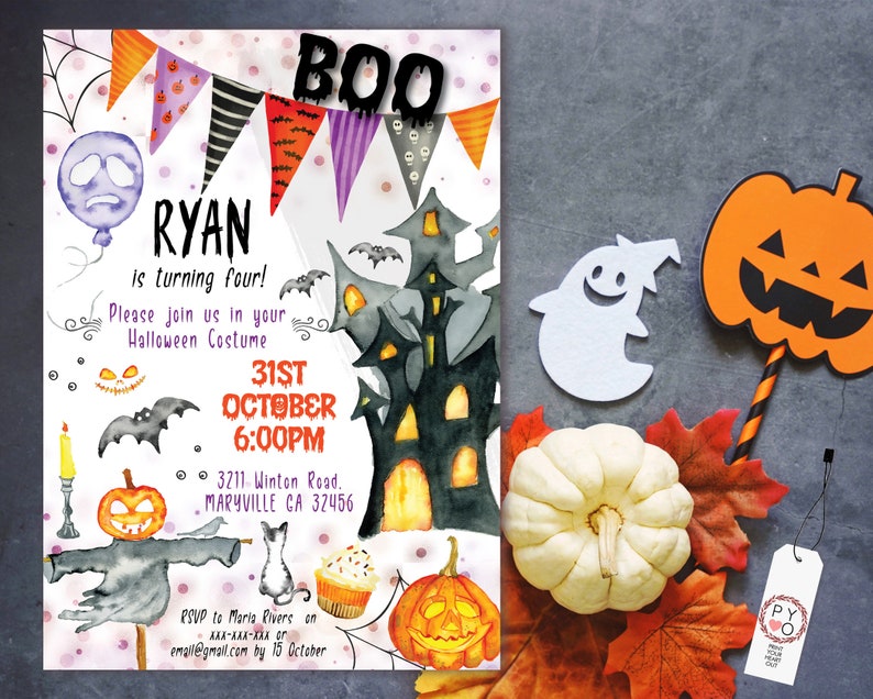 May include: A Halloween-themed invitation with watercolor illustrations. The invitation features a haunted house, pumpkins, bats, and the text "RYAN is turning four!" and "31st October 6:00PM". Decorative elements include a ghost, a pumpkin cutout, and a small white pumpkin.