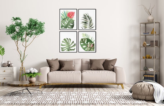 Tropical Bright Monstera Art Print Set | Printable Leaf Art | Leaves Art Print | Botanical Wall Art | DIY Wall Art | Digital Set 4 Prints |