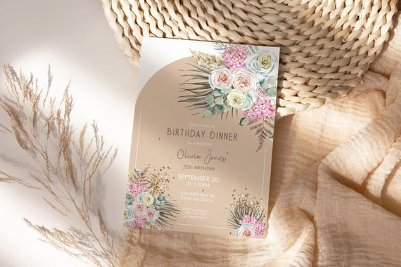 Tropical Beige Floral Birthday Invitation,  Dried Foliage Palm Leaves Rose Invitation, Printable Dinner Party, Editable Template for Women