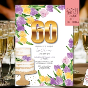 Modèle d&#39;invitation d&#39;anniversaire floral : tulipes jaunes et violettes (carte imprimable)