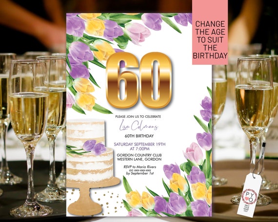 Any Age Number Tulips Yellow Purple Lilac Floral Cake Invitation Template, Mauve Gold Editable Birthday Party Invite Women, Printable Card