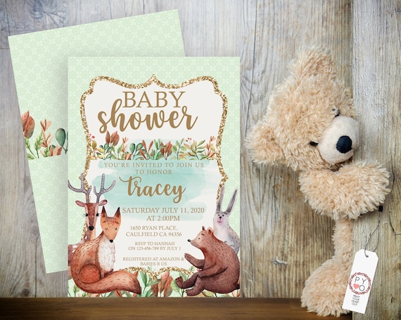 Forest Animals Baby Shower Invitation, Bear Shower Invitation, Green Printable Woodland Shower, Editable Template, Watercolor  Boy Shower