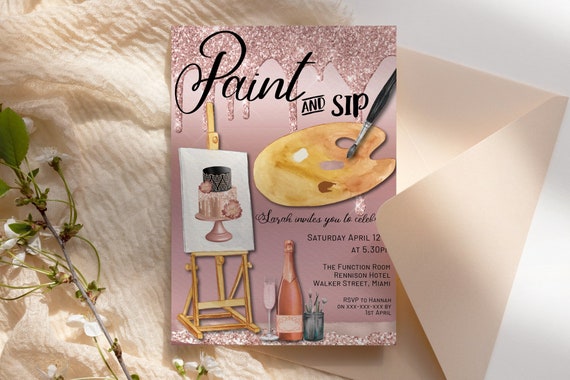 Paint and Sip Rose Gold Invitation Printable, Drinks Editable Birthday Party Women, Printable Card, Champagne Glitter Paint Party, Easel