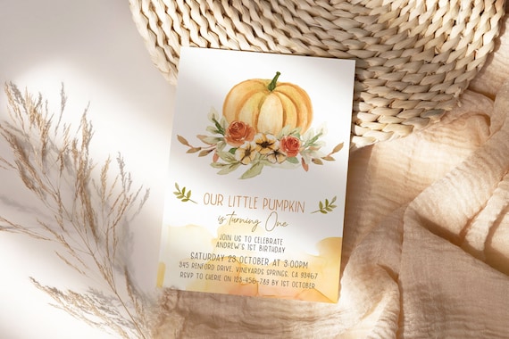 Fall Orange Pumpkin Birthday Invitation for baby, First Birthday Invite Gender Neutral, Autumn Invitation, Floral DIY Printable Template