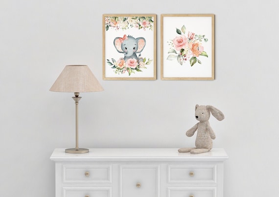 Baby Elephant Girls Nursery Art Print Set | Printable Nursery Art | Pink Flower Kids Room | Baby Room Wall | Nursery Decor | Set 2 Prints