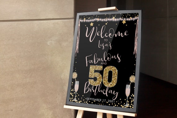 Pink Champagne Gold Glitter Welcome Sign, Personalized Birthday Party DIY Sign, Template Poster for gathering, dinner, cocktails, drinks