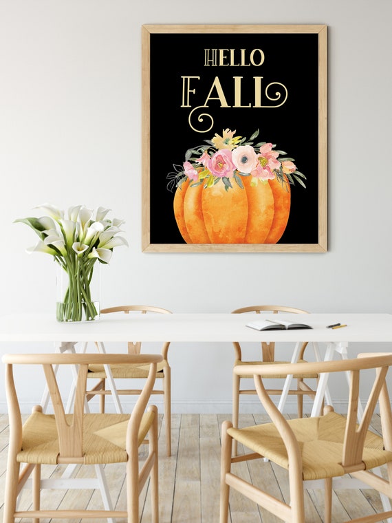 Fall Orange Pumpkin Digital Print | Printable Autumn Art | Floral Fall Art  | DIY Hello Fall Wall Art, Kitchen Wall Decor, Instant Download