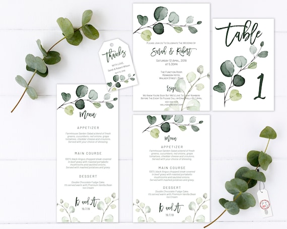 Greenery Wedding Invitation Bundle, Botanical Wedding, Thank You Tag, Leaves Wedding Menu, Eucalyptus Menu, Editable Green Table Numbers