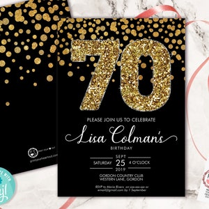 DIY 70th Birthday Confetti Invitation Printable Template, Black Gold Glitter Editable Birthday Party Invitation for Women, Printable