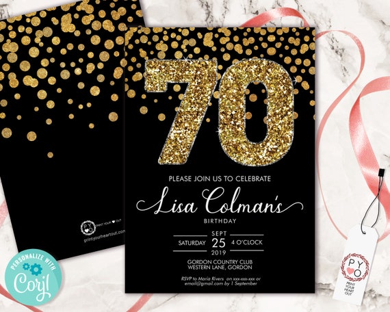 DIY 70th Birthday Confetti Invitation Printable Template, Black Gold Glitter Editable Birthday Party Invitation for Women, Printable