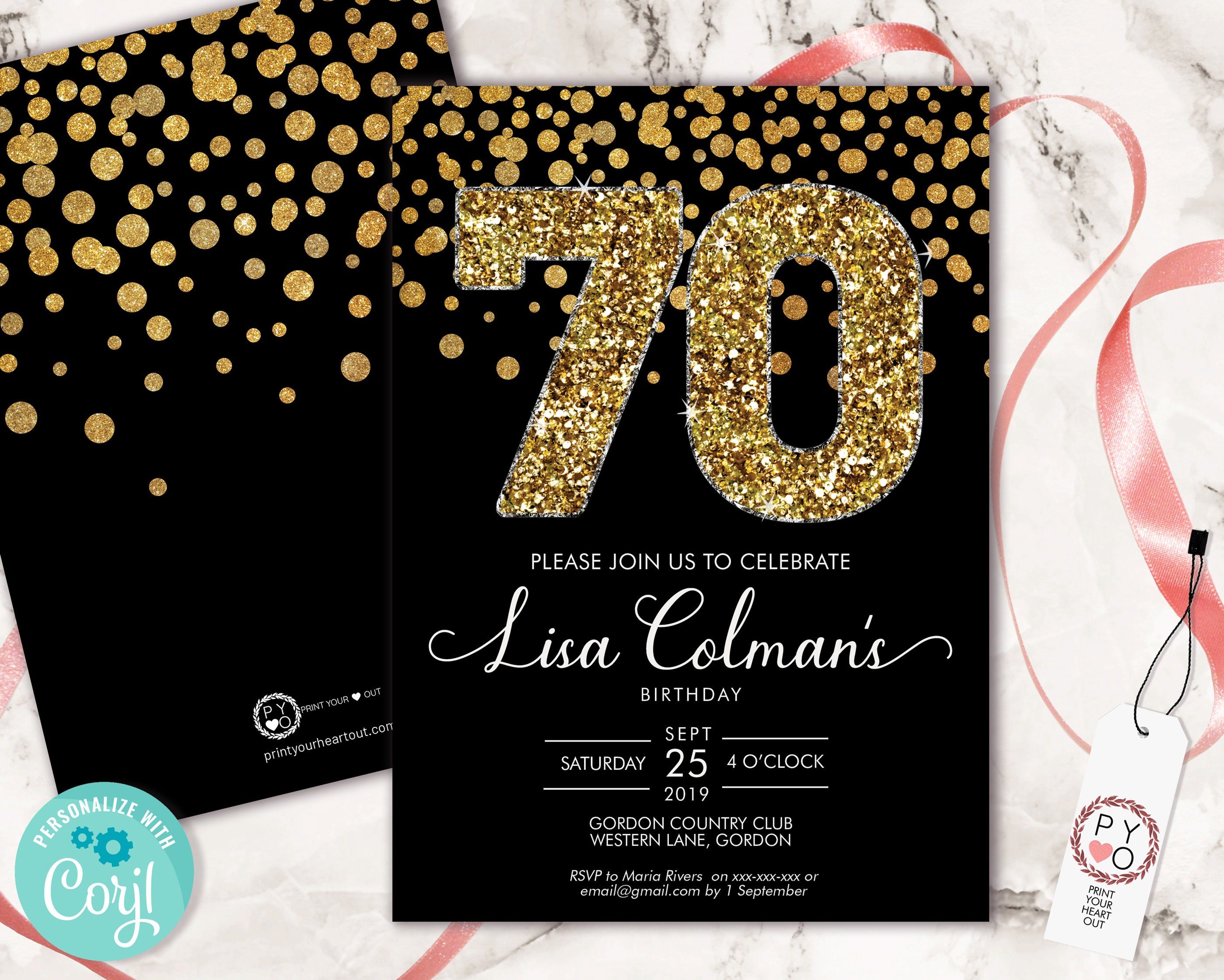 DIY 70th Birthday Confetti Invitation Printable Template Black Gold Glitter Editable Birthday 