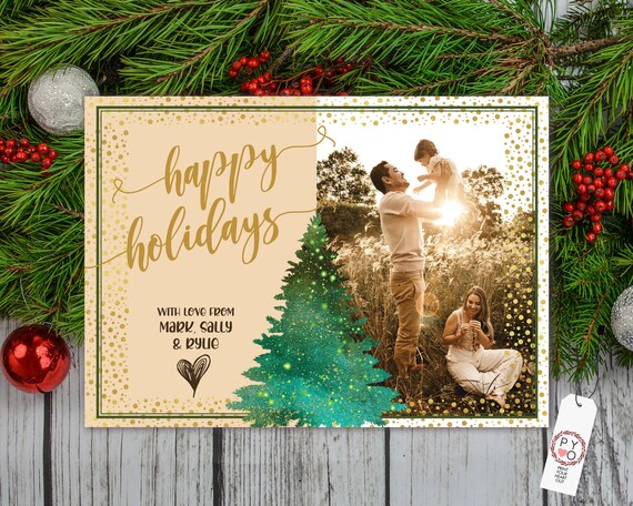 Printable Christmas Card, Gold Glitter Photo Card, Sparkling Christmas Tree, Friends Family Xmas Card, DIY Holiday Photo Card, Insert Photo