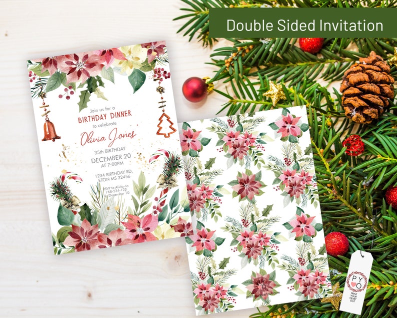 Red Poinsettia Floral Birthday Christmas Invitation (Digital Download) bild 3