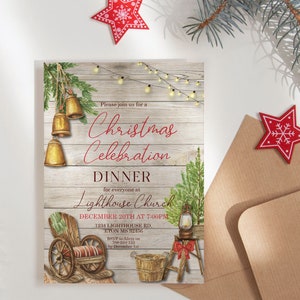 May include: A Christmas Celebration Dinner invitation with watercolor illustrations. The invitation features text on a wooden background, with bells, a Christmas tree, and a wagon. A red star and envelope are also present.