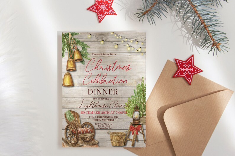 May include: A Christmas Celebration Dinner invitation with watercolor illustrations. The invitation features text on a wooden background, with bells, a Christmas tree, and a wagon. A red star and envelope are also present.