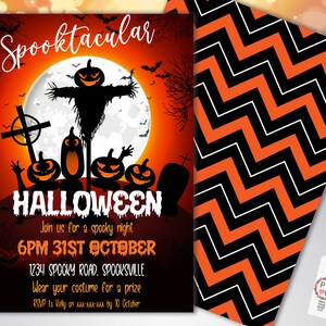 May include: Halloween invitation with a spooky design. The invitation features a full moon, jack-o'-lanterns, and a scarecrow. The text reads "Spooktacular Halloween" and includes event details. A separate card has a black and orange chevron pattern.
