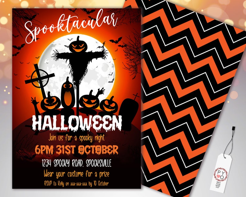 May include: Halloween invitation with a spooky design. The invitation features a full moon, jack-o'-lanterns, and a scarecrow. The text reads "Spooktacular Halloween" and includes event details. A separate card has a black and orange chevron pattern.