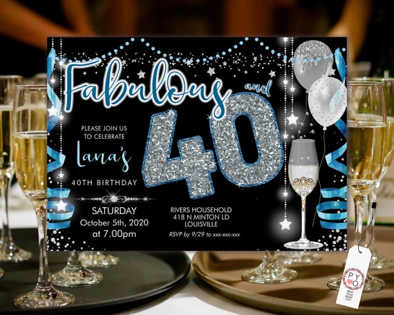 Blue Silver Champagne 40 Birthday Invitation Printable Template, Sparkle Birthday Party Invitation Women, Printable silver stars Invite