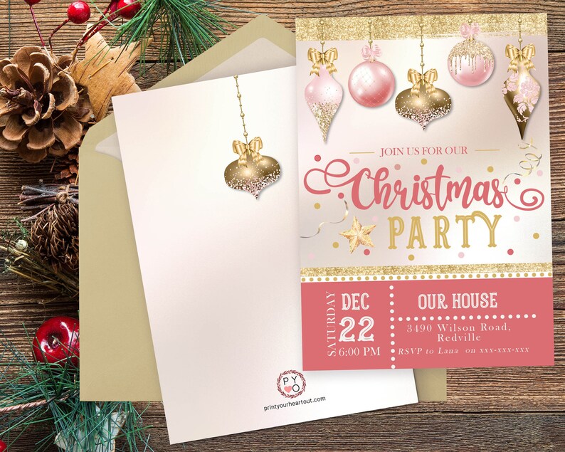 Peut inclure: Une invitation &agrave; une f&ecirc;te de No&euml;l aux couleurs or et rose. Elle pr&eacute;sente des ornements d&eacute;coratifs, le texte "Christmas Party" et les d&eacute;tails de l'&eacute;v&eacute;nement. Une enveloppe et une carte vierge sont &eacute;galement visibles.