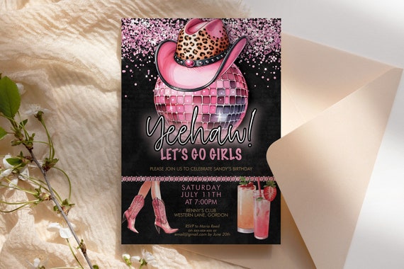 Pink Disco Cowgirl Birthday Glitter Drinks Invitation Template, Editable Party Invite Women, Country, Cowboy Hat, Boots, Yeehaw Bachelorette