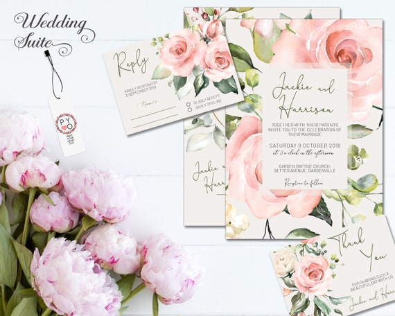 Floral Wedding Invitation • Peach Ivory Cream Pink • Summer Spring • Flower • Invite • Save the Date • Thank You • Blush Rose Series