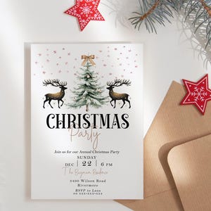 May include: A Christmas party invitation with a watercolor illustration of a Christmas tree and two reindeer. The invitation includes the text "CHRISTMAS Party" and event details. A red star and a brown envelope are also visible.