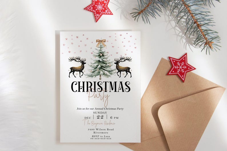 May include: A Christmas party invitation with a watercolor illustration of a Christmas tree and two reindeer. The invitation includes the text "CHRISTMAS Party" and event details. A red star and a brown envelope are also visible.