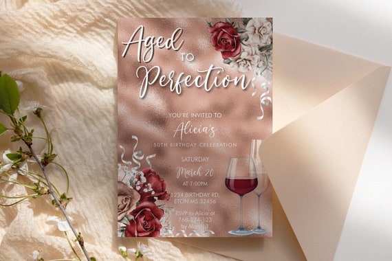 Wine Birthday Rosegold Invitation Printable Template, Aged to Perfection Editable Birthday Party Women, Printable Champagne Glass Invite