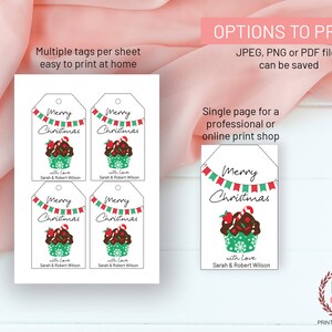 Pode incluir: Um conjunto de etiquetas de presente imprim&iacute;veis com uma ilustra&ccedil;&atilde;o de cupcake, uma bandeira vermelha e verde, o texto Merry Christmas e o texto personalizado with love Sarah & Robert Wilson, em layouts m&uacute;ltiplos e &uacute;nicos.