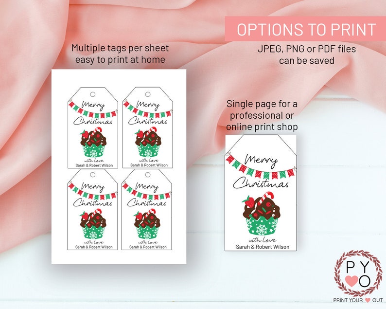 Pode incluir: Um conjunto de etiquetas de presente imprim&iacute;veis com uma ilustra&ccedil;&atilde;o de cupcake, uma bandeira vermelha e verde, o texto Merry Christmas e o texto personalizado with love Sarah & Robert Wilson, em layouts m&uacute;ltiplos e &uacute;nicos.