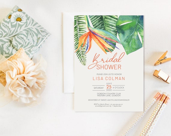 Bird of Paradise Bridal Shower Invitation, Hawaiian Shower Invitation, Printable Bridal Shower, Editable Template, Watercolor Leaves Flowers