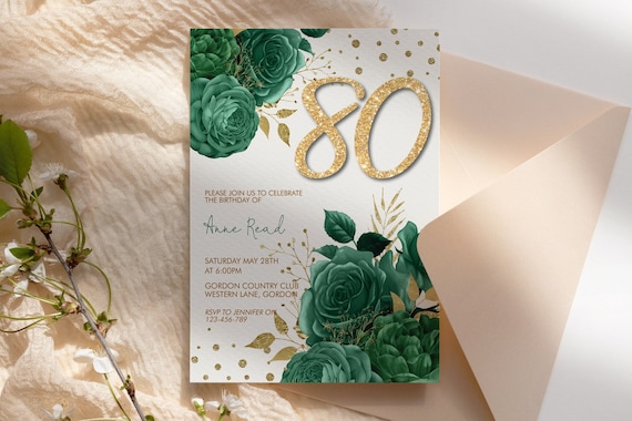 Any Age 50th 60th 70th 80th 90th 100th Birthday Green Gold Glitter Number Floral Invitation Template, Emerald Editable Party Invite Women