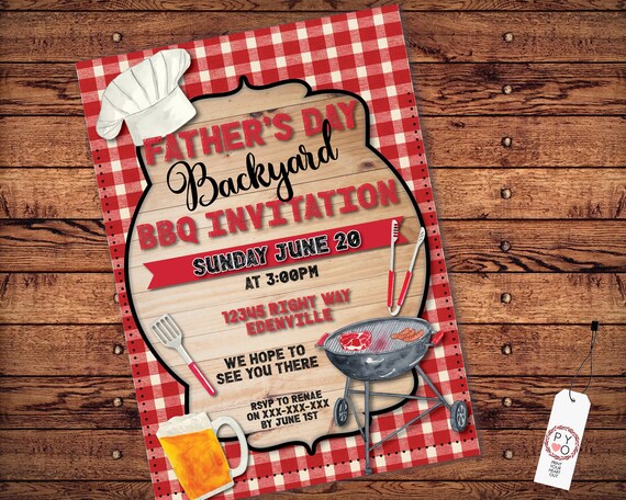 Fathers Day BBQ Backyard Invitation Printable Template, Red Checked Grill Out Editable Party Invite, Printable Card, Chalk Text Barbecue