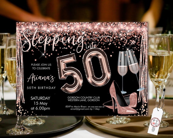 Stepping into 50 Birthday Invitation Printable Template, Horizontal RoseGold Heels Blush Champagne Party Women, Printable gold lights Invite