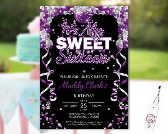 Sweet 16 Party Invitation Printable Template, Sixteen Black Editable, 16th Birthday, Purple Balloons, 16 Violet Confetti Editable Invite